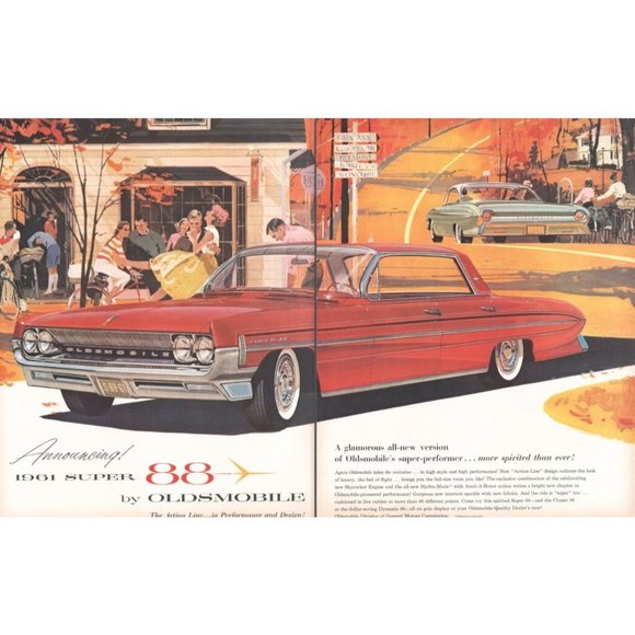 1961 Oldsmobile Super 88 Sedan 2 Page Vintage Print Ad Massachusetts Colonial - Picture 1 of 3
